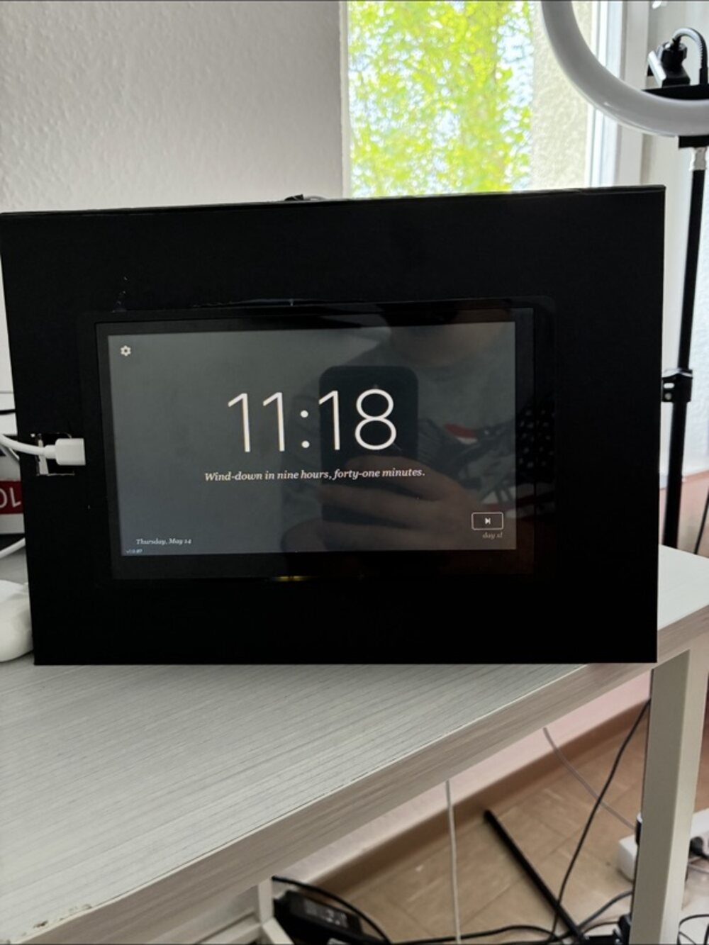 The assembled Eudaimon prototype showing the 11:18 wind-down screen
